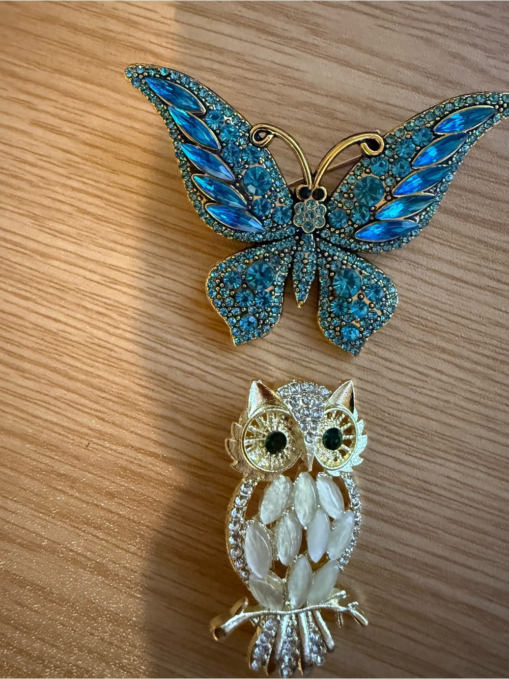 Blue Crystal Butterfly & Gold Owl Brooch 2 Pieces Rhinestone New